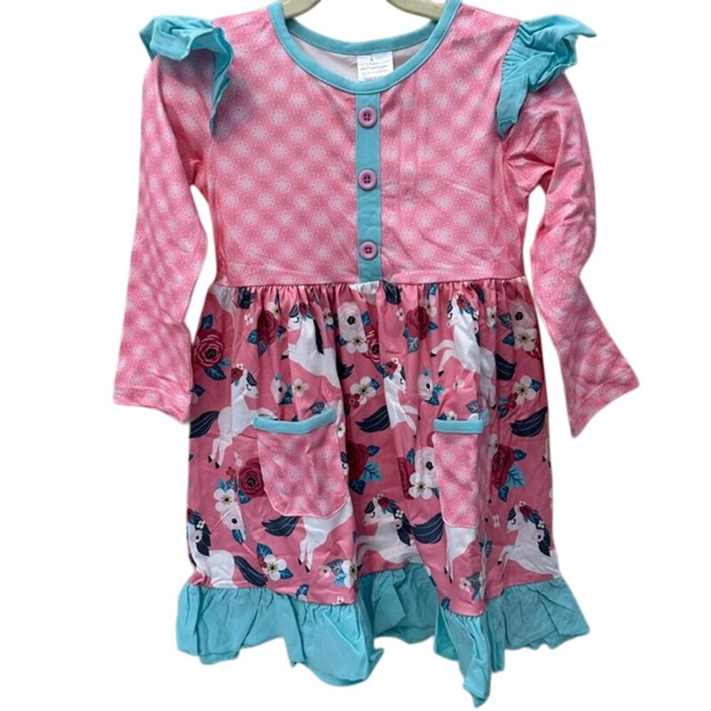 Toddler Girls 2T (S) Okie & Lou Pink Unicorn Floral Ruffle Dress